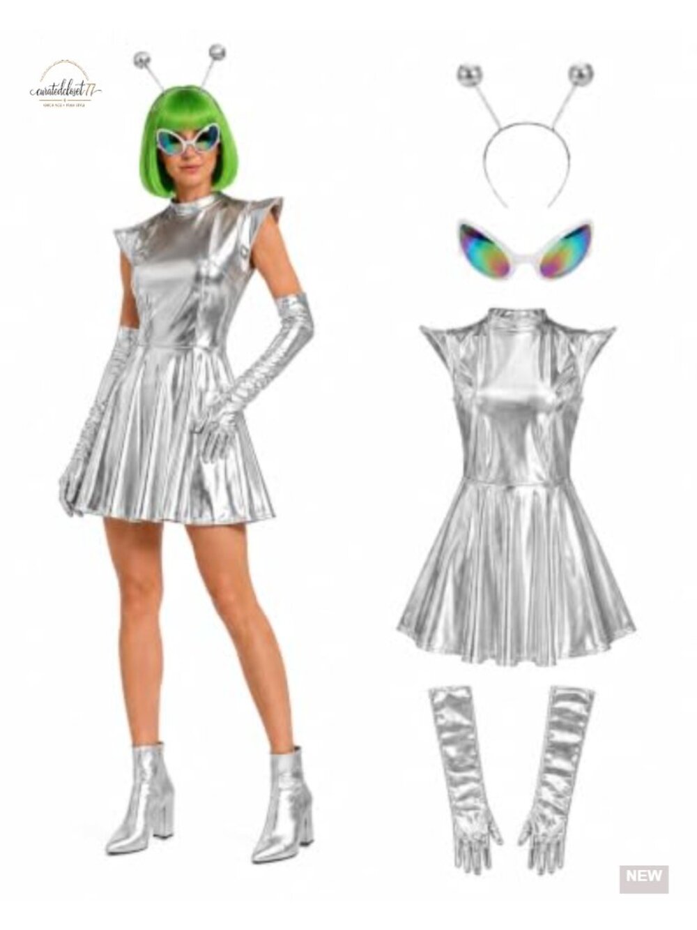 Metallic Silver Dress Alien Costume Set with Gloves Headband Glasses Cosplay